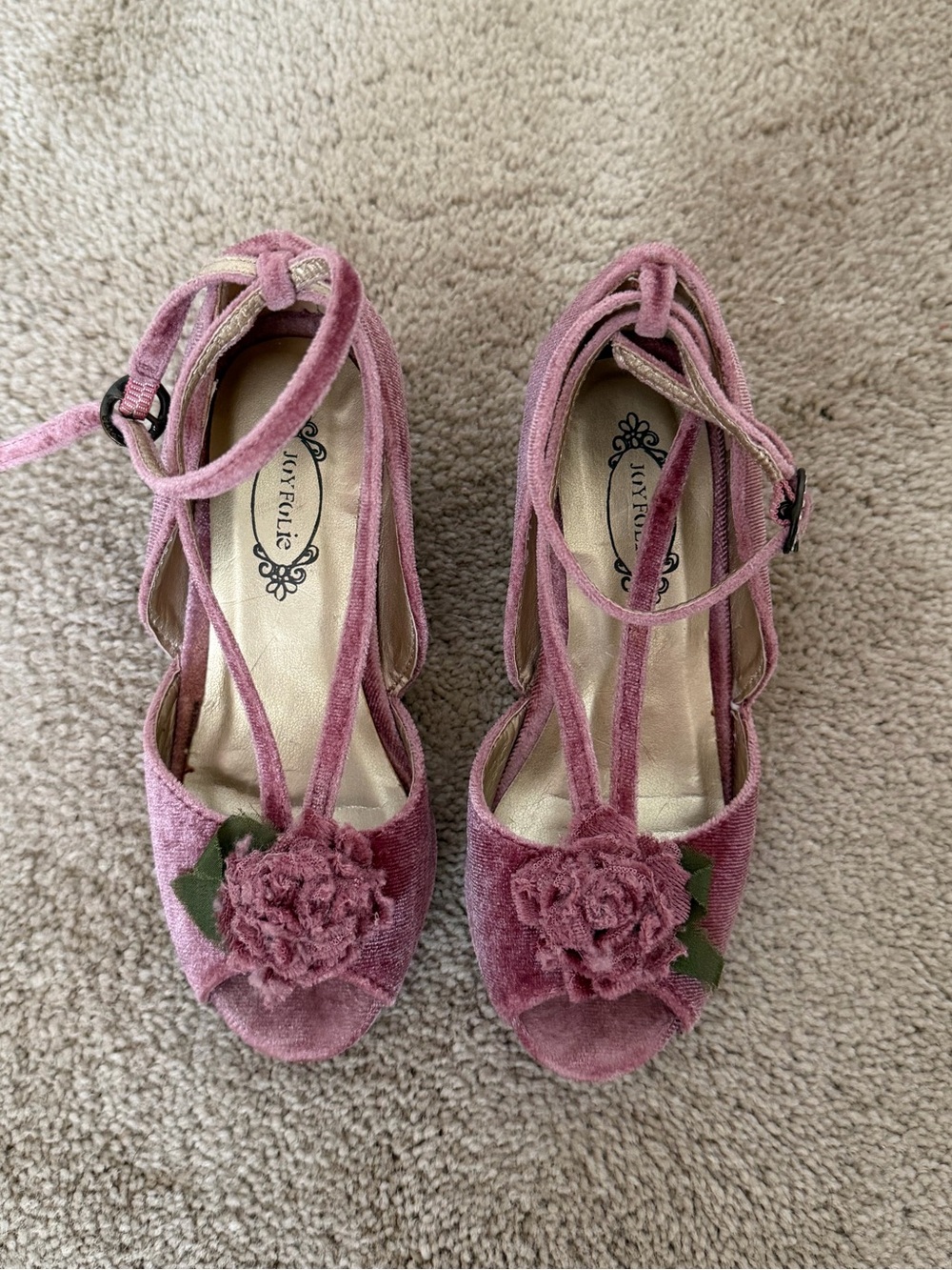Joyfolie Pink Velvet Floral Girls' Sandals with Ankle Straps